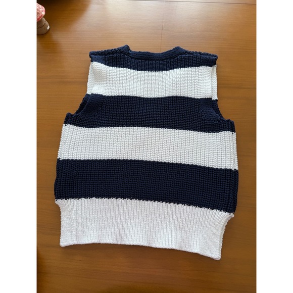 Beige Botany Striped Sweater Vest Preppy Coastal Chic Blue White Sleeveless‎ Top - Picture 4 of 5